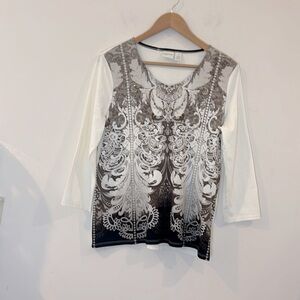 Chico’s Zenergy Cream & Brown Graphic 3/4 Sleeve Blouse